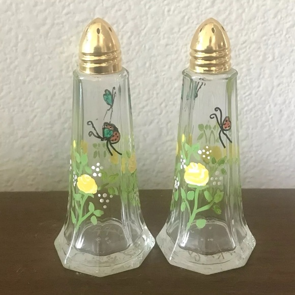 Hand Painted Floral Clear Glass Salt & Pepper Shakers Gold Metal Caps Made USA - Picture 1 of 6